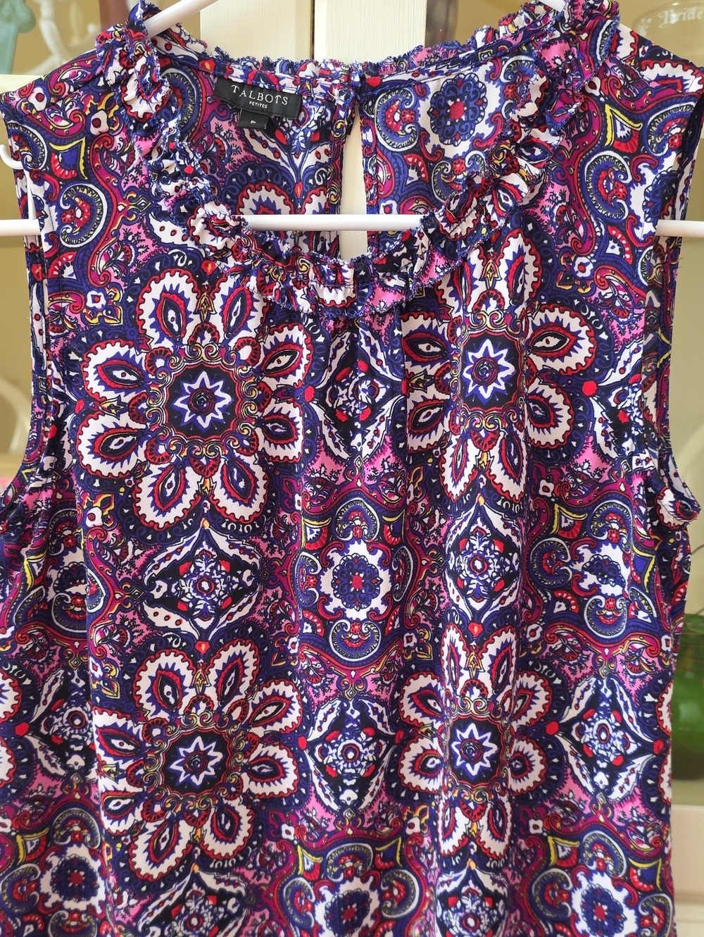 Talbots Pink and Navy Paisley Ruffled Neck Sleeveless Camisole